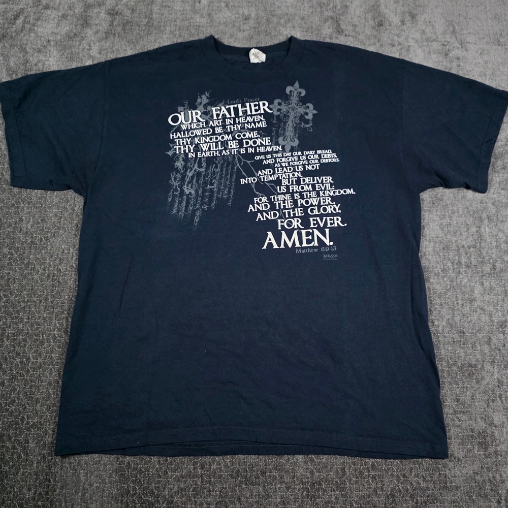Y2K Retro Lords Prayer KJV Graphic T-Shirt Mens XL Navy Blue Matthew 6:9-13